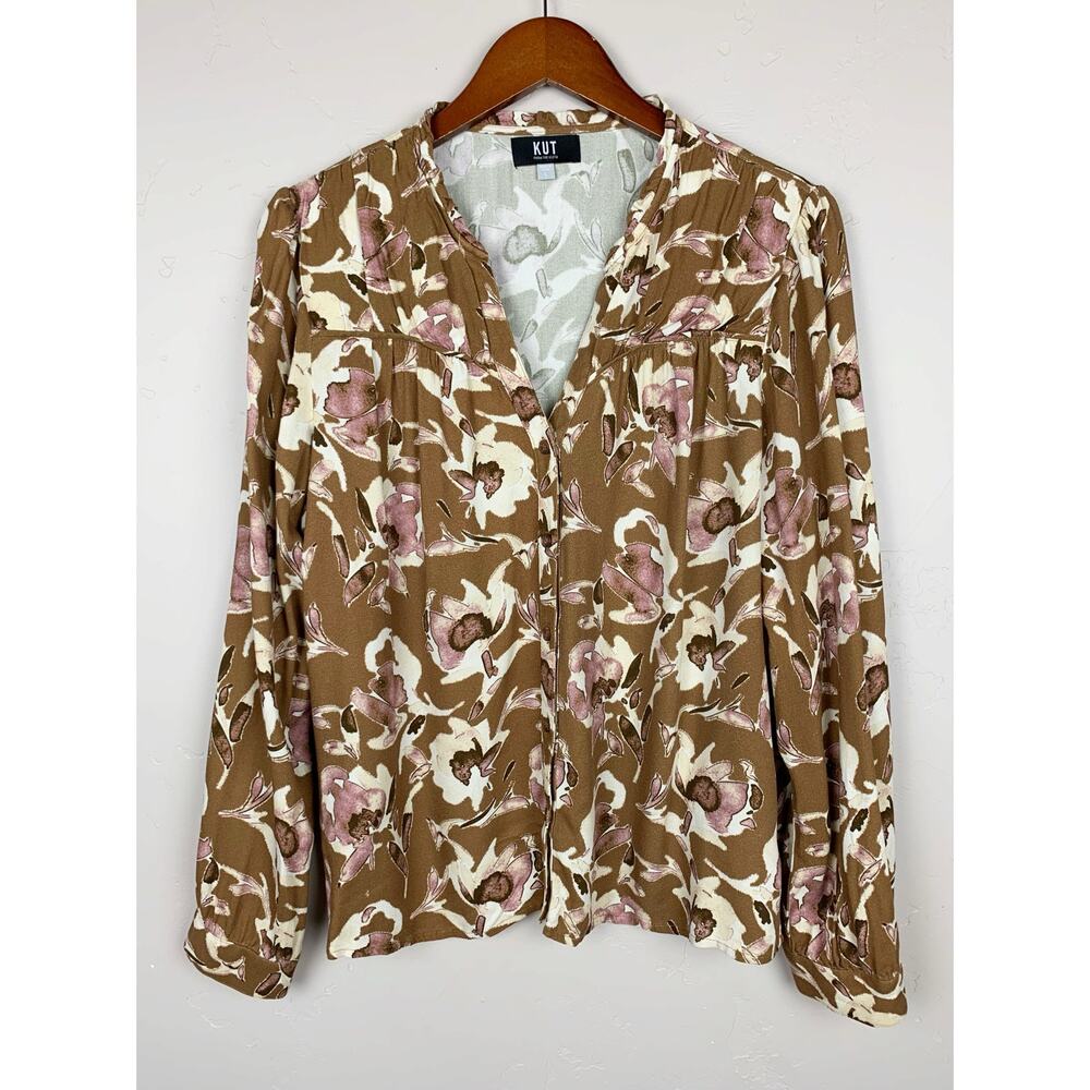Kut From The Kloth Isley Floral Button Up Shirt Brown Top Long Sleeves Women's L